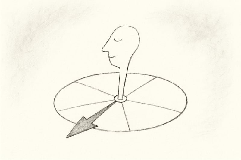 Minimalist sketch of a single spinner pointer hovering over a few clear options, expressing calm focus as clutter fades into light pencil haze around the edges.